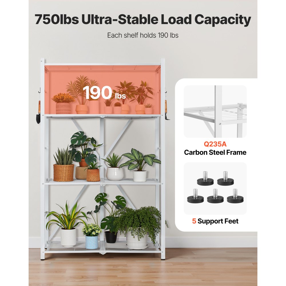 VEVOR 4-Tier Folding Shelving Unit with Wheels, 53x91x152 cm, Foldable Heavy-Duty Shelf, Assembly-Free Freestanding Shelf, Household Shelf, Kitchen Shelf, Metal Shelf for Garage, Kitchen, Basement, White