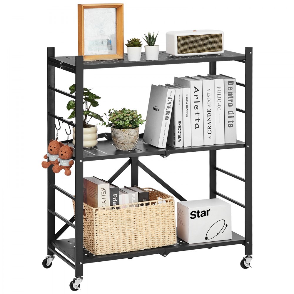 VEVOR 3-Tier Folding Shelves with Wheels, 33x76x91 cm, Foldable Heavy-Duty Shelf, Assembly-Free Freestanding Shelf, Household Shelf, Kitchen Shelf, Metal Shelf for Garage, Kitchen, Basement, Black