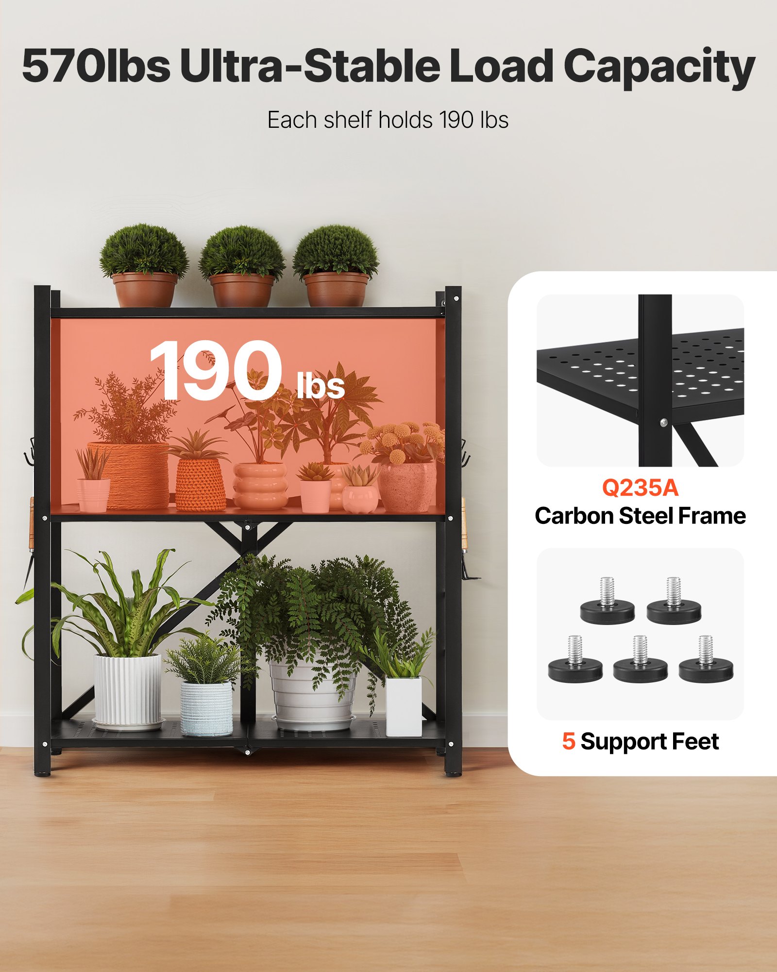 VEVOR 3-Tier Folding Shelves with Wheels, 33x76x91 cm, Foldable Heavy-Duty Shelf, Assembly-Free Freestanding Shelf, Household Shelf, Kitchen Shelf, Metal Shelf for Garage, Kitchen, Basement, Black