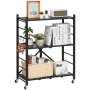 VEVOR Estante de Almacenamiento Plegable de 3 Niveles con Ruedas 71 x 33 x 91 cm Estantería Metálica Móvil Resistente, sin Necesidad de Ensamblaje, Organizador para Garaje, Cocina, Sótano, Negro