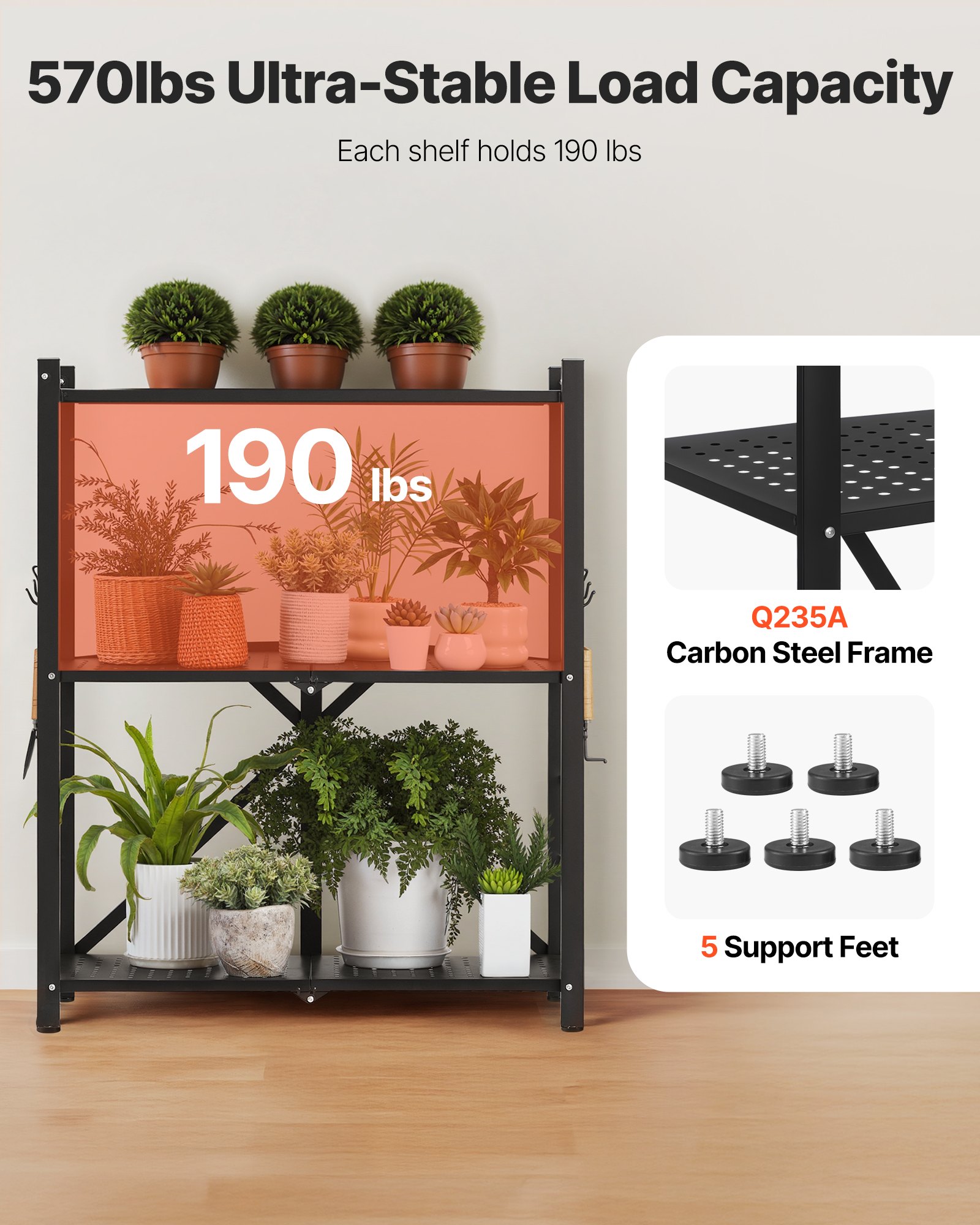 VEVOR 3-Tier Folding Shelves with Wheels, 33x71x91 cm, Foldable Heavy-Duty Shelf, Assembly-Free Freestanding Shelf, Household Shelf, Kitchen Shelf, Metal Shelf for Garage, Kitchen, Basement, Black