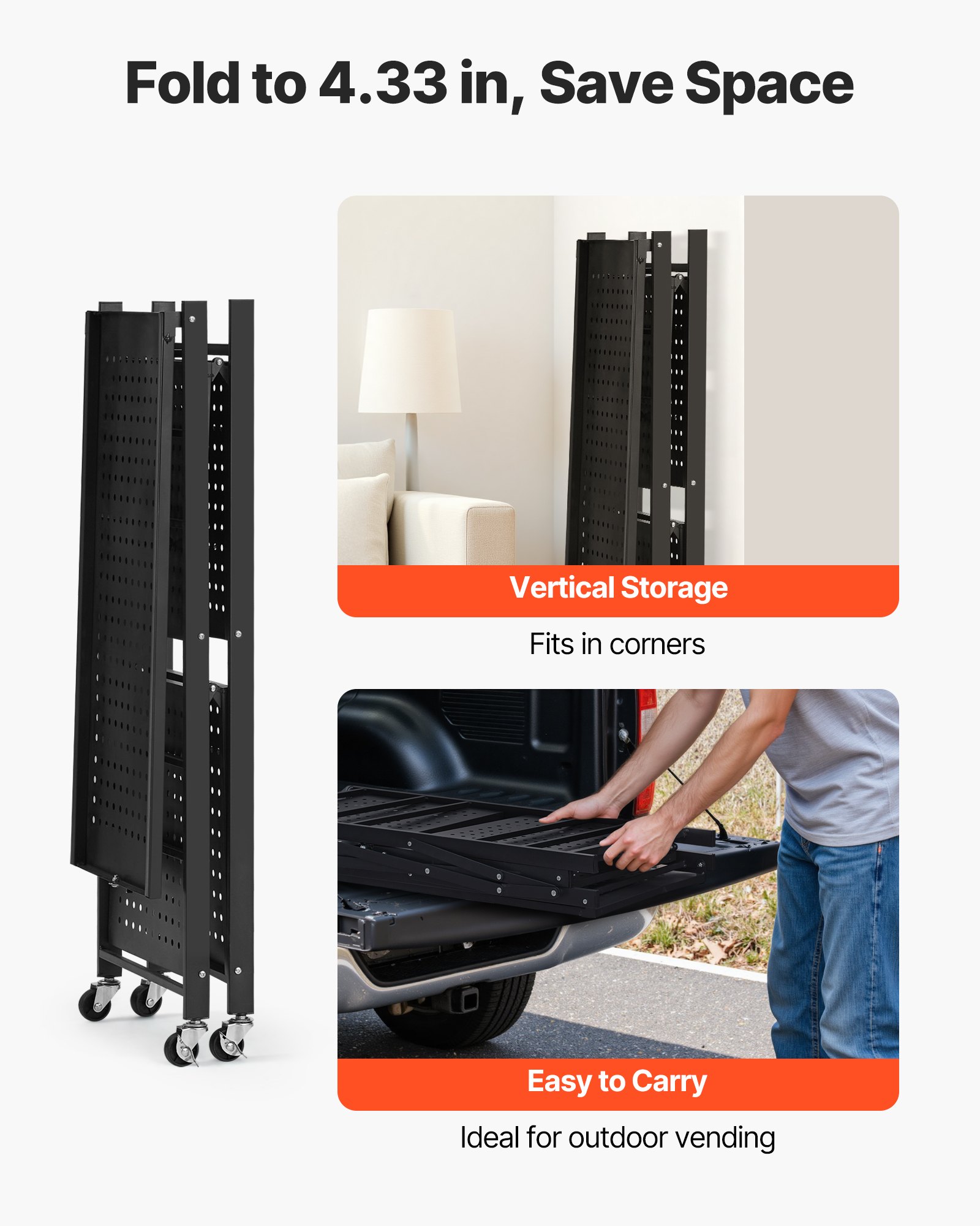 VEVOR 3-Tier Folding Shelves with Wheels, 33x71x91 cm, Foldable Heavy-Duty Shelf, Assembly-Free Freestanding Shelf, Household Shelf, Kitchen Shelf, Metal Shelf for Garage, Kitchen, Basement, Black