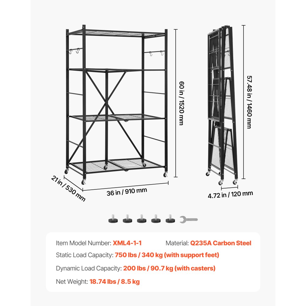 VEVOR Estante de Almacenamiento Plegable de 4 Niveles con Ruedas 91 x 53 x 152 cm Estantería Metálica Móvil Resistente, sin Necesidad de Ensamblaje, Organizador para Garaje, Cocina, Sótano, Negro
