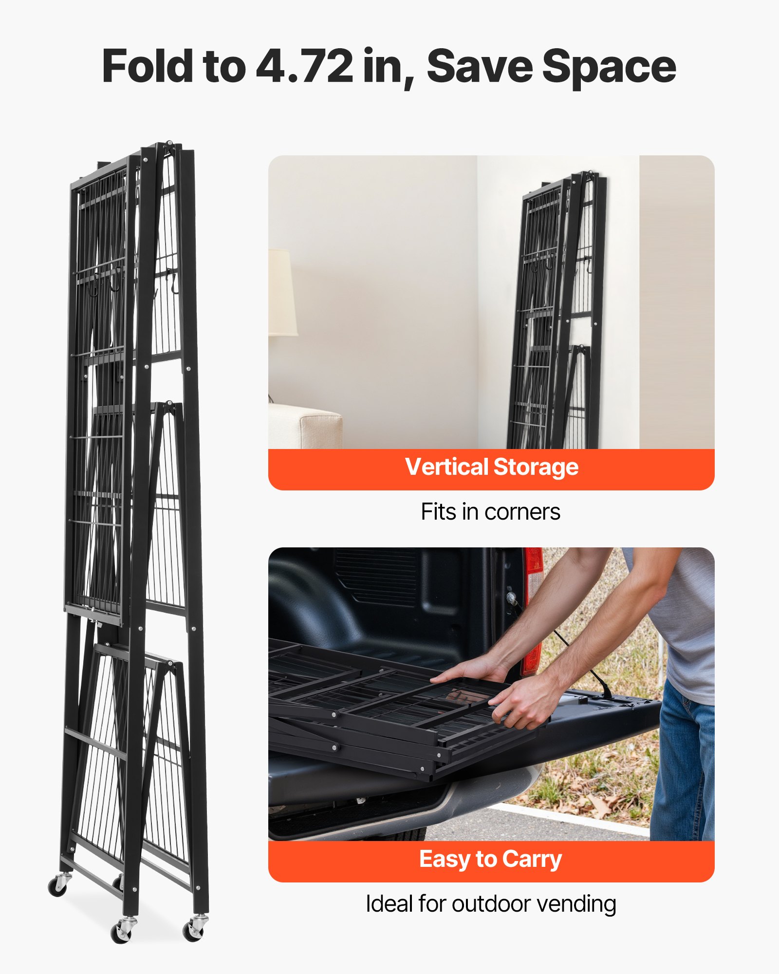 VEVOR Estante de Almacenamiento Plegable de 4 Niveles con Ruedas 91 x 53 x 152 cm Estantería Metálica Móvil Resistente, sin Necesidad de Ensamblaje, Organizador para Garaje, Cocina, Sótano, Negro