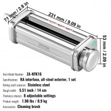 VEVOR Rodillo para Pasta para Batidora Accesorio para Pasta de Acero Inoxidable para Batidora de Pie Antiadherente 8 Ajustes de Espesor 0,3-2 mm Ancho Personalizado 14 mm para Tagliatelle Ramen