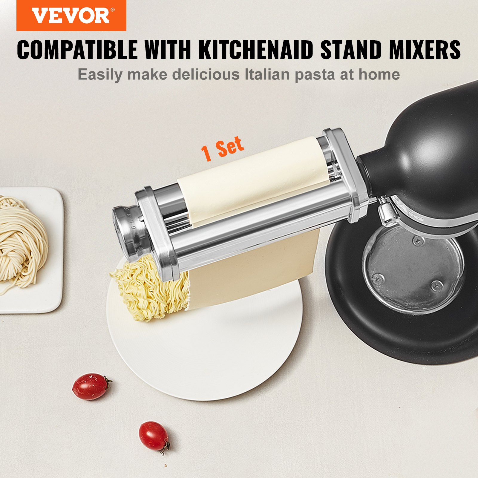 VEVOR Rodillo para Pasta para Batidora Accesorio para Pasta de Acero Inoxidable para Batidora de Pie Antiadherente 8 Ajustes de Espesor 0,3-2 mm Ancho Personalizado 14 mm para Tagliatelle Ramen