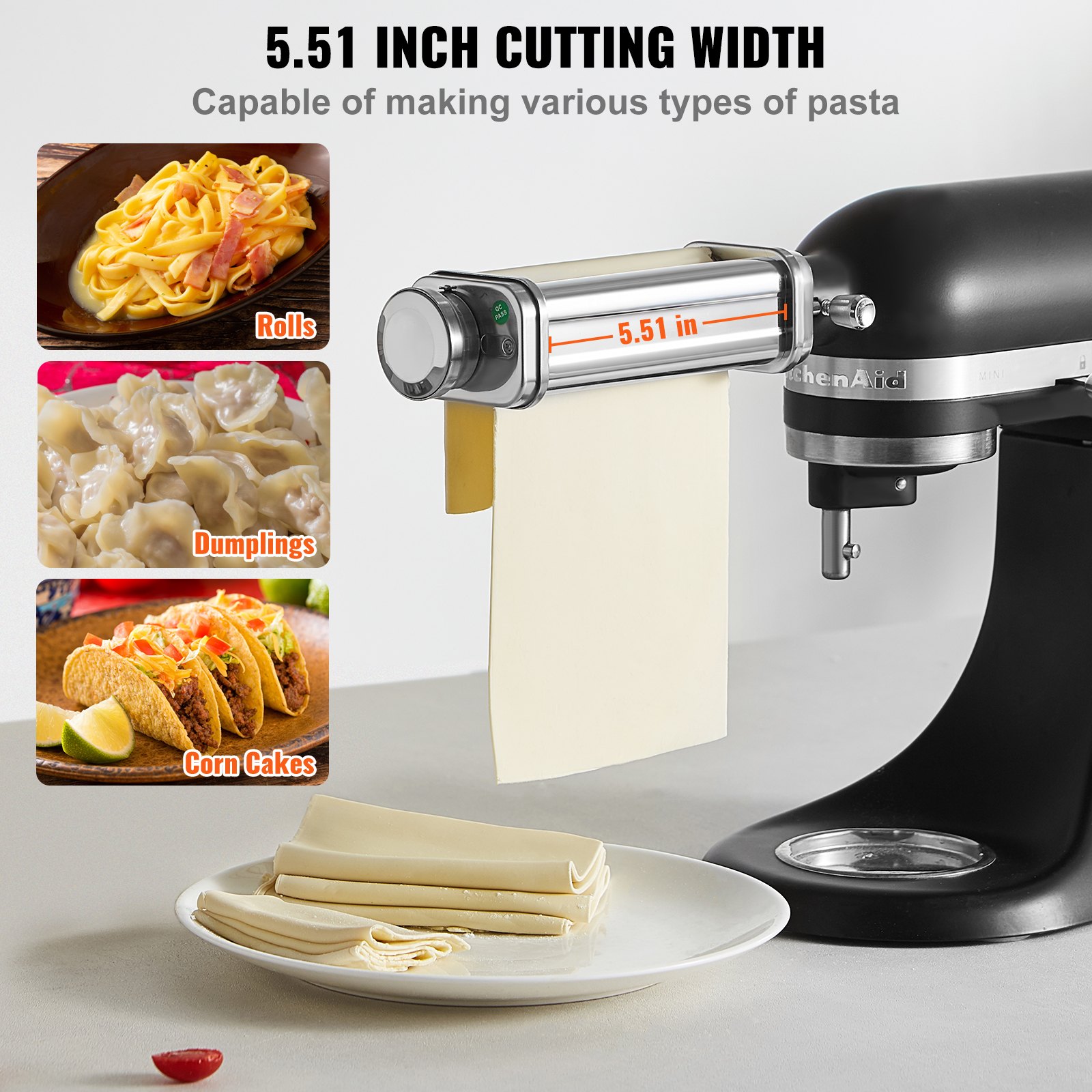 VEVOR Rodillo para Pasta para Batidora Accesorio para Pasta de Acero Inoxidable para Batidora de Pie Antiadherente 8 Ajustes de Espesor 0,3-2 mm Ancho Personalizado 14 mm para Tagliatelle Ramen