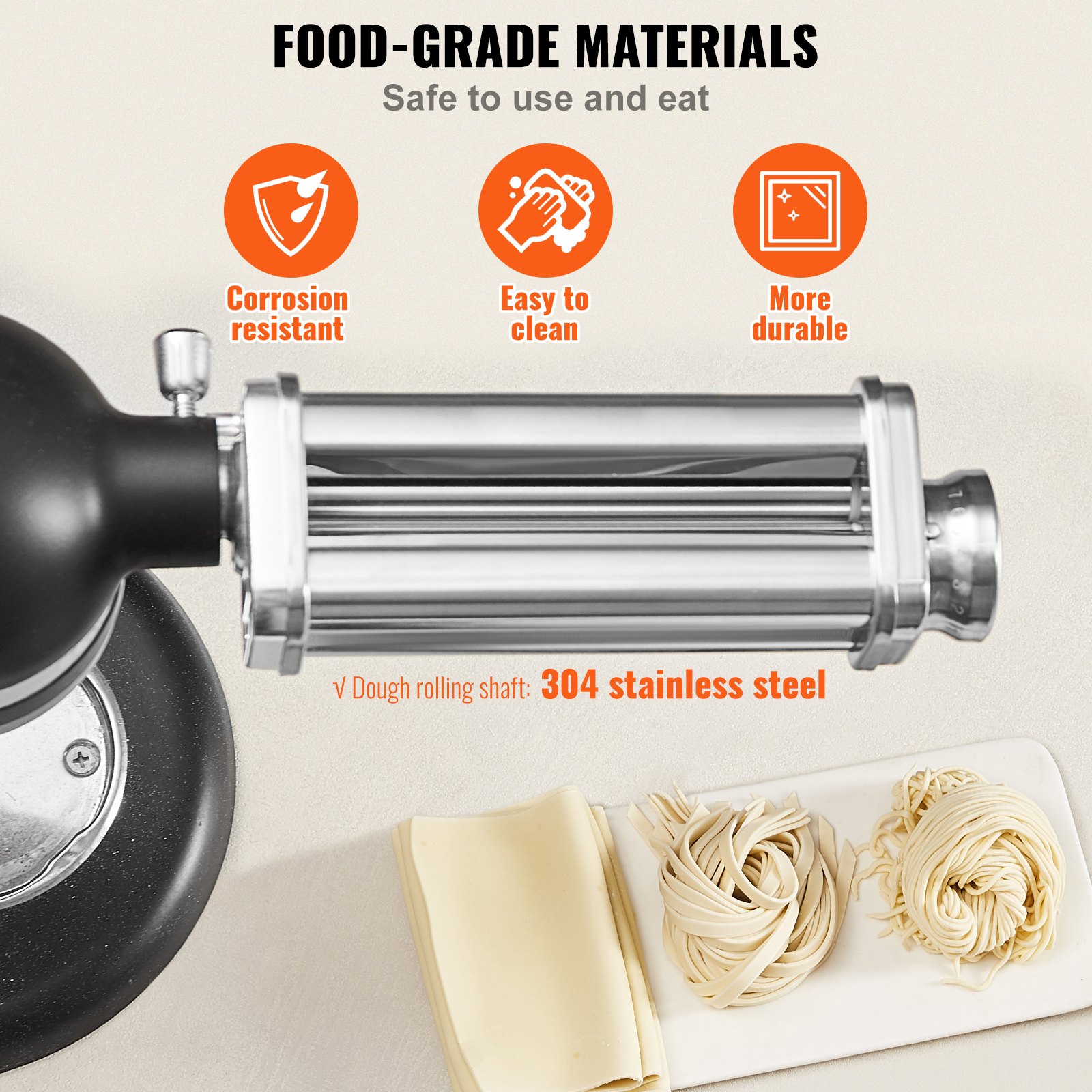 VEVOR Rodillo para Pasta para Batidora Accesorio para Pasta de Acero Inoxidable para Batidora de Pie Antiadherente 8 Ajustes de Espesor 0,3-2 mm Ancho Personalizado 14 mm para Tagliatelle Ramen