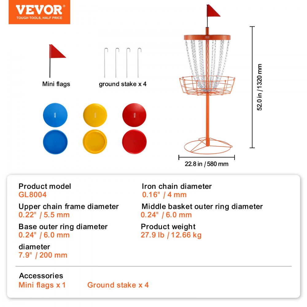 VEVOR Canasta de Golf con Disco de 24 Cadenas Objetivo de Golf con Disco de Acero Portátil Canasta de Golf con Disco con 6 Discos Equipo de Entrenamiento Profesional para Interior y Exterior, Naranja