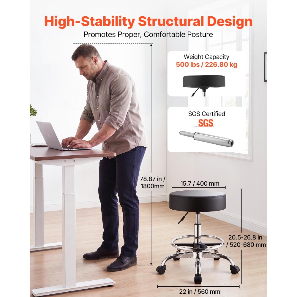 VEVOR Taburete Giratorio de Trabajo, Taburete con Ruedas y Reposapiés, Capacidad de Carga de 226,8 kg, Altura Ajustable, Asiento Ergonómico Acolchado y Tapizado, para Oficina Clínica Peluquería, Negro