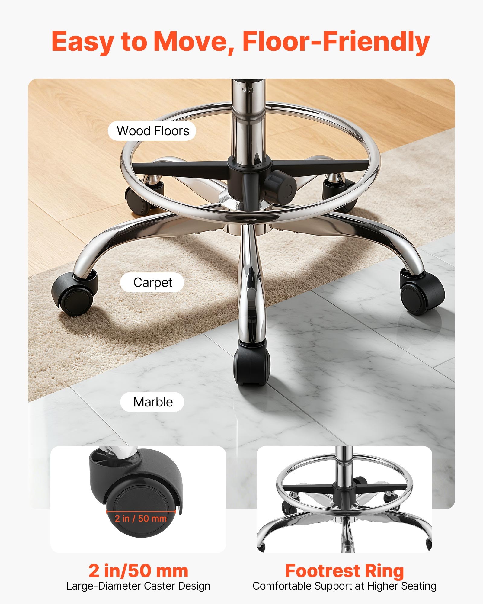 VEVOR Taburete Giratorio de Trabajo, Taburete con Ruedas y Reposapiés, Capacidad de Carga de 226,8 kg, Altura Ajustable, Asiento Ergonómico Acolchado y Tapizado, para Oficina Clínica Peluquería, Negro