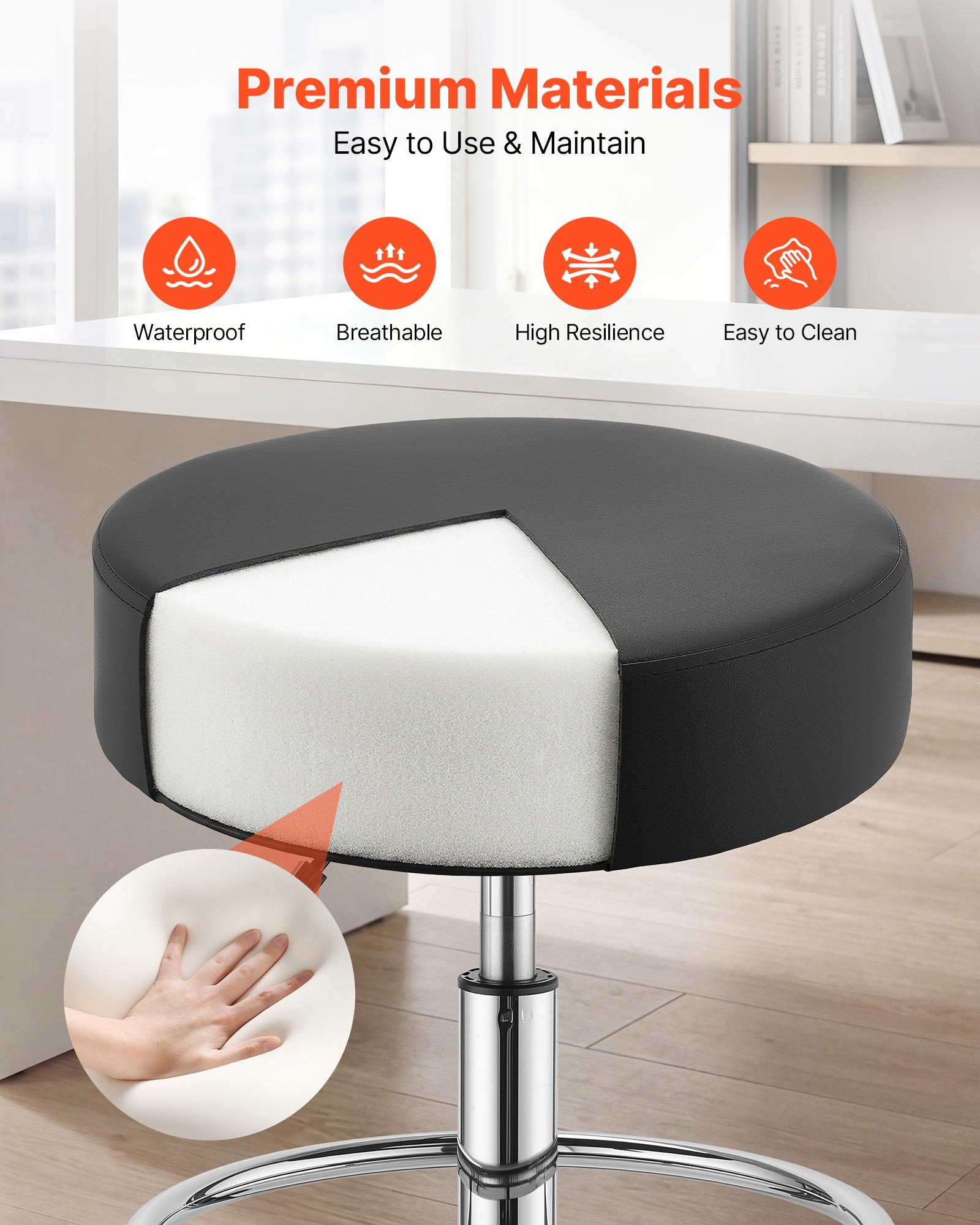 VEVOR Taburete Giratorio de Trabajo, Taburete con Ruedas y Reposapiés, Capacidad de Carga de 226,8 kg, Altura Ajustable, Asiento Ergonómico Acolchado y Tapizado, para Oficina Clínica Peluquería, Negro