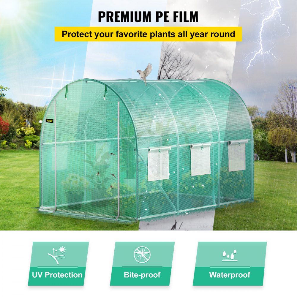 VEVOR Walk-in Tunnel Greenhouse, 3 x 2.1 x 2.1 m, Portable Plant Hot House with Galvanized Steel Frame, 1 Top Beam, Diagonal Poles, Zippered Door and 6 Roll-Up Windows, Green