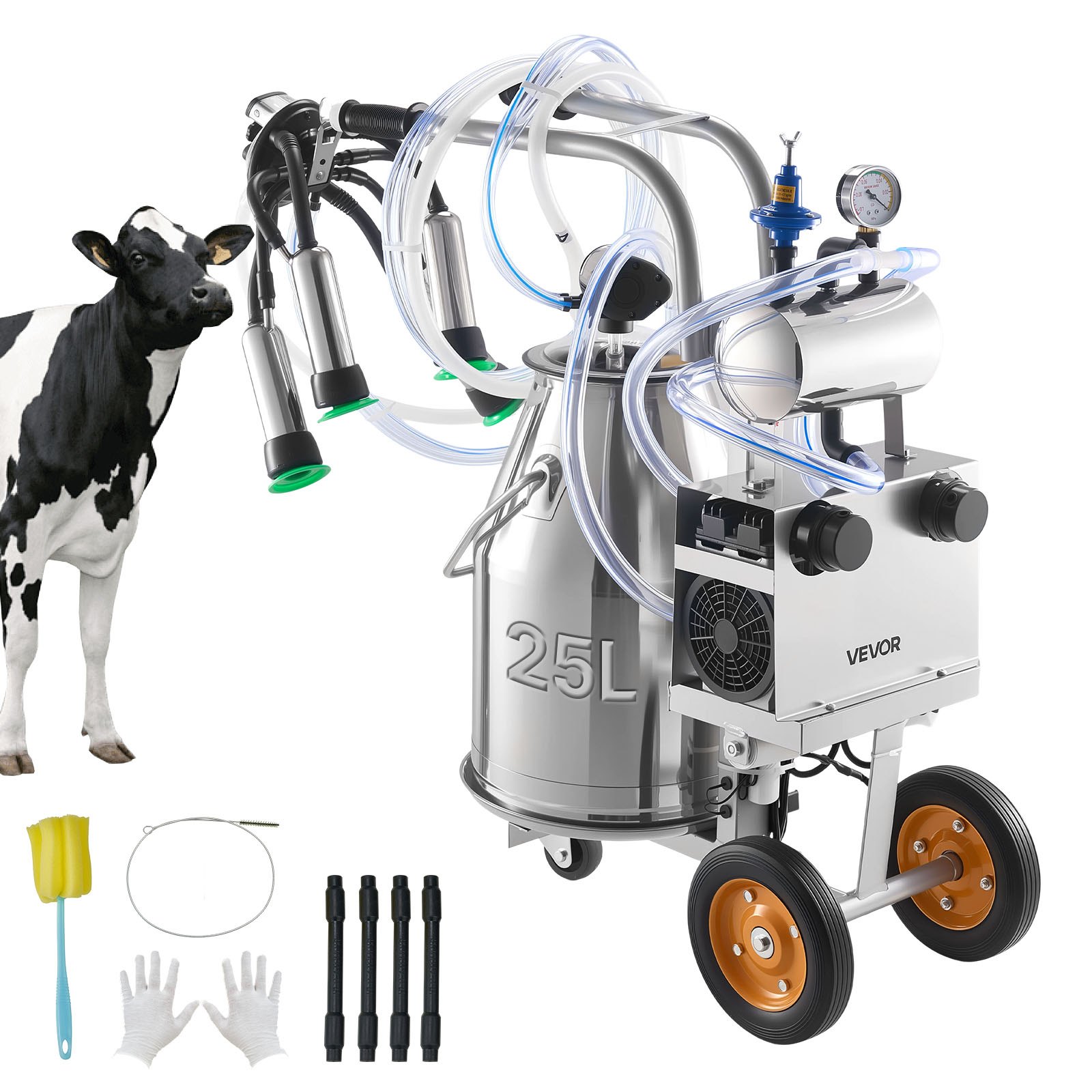 VEVOR Ordeñadora Eléctrica para Vacas, Capacidad de 25 L, Máquina de Ordeño Portátil, Botella de Acero Inoxidable, Presión Ajustable, con Ruedas Bomba de Pulsación de Vacío Accesorios de Limpieza