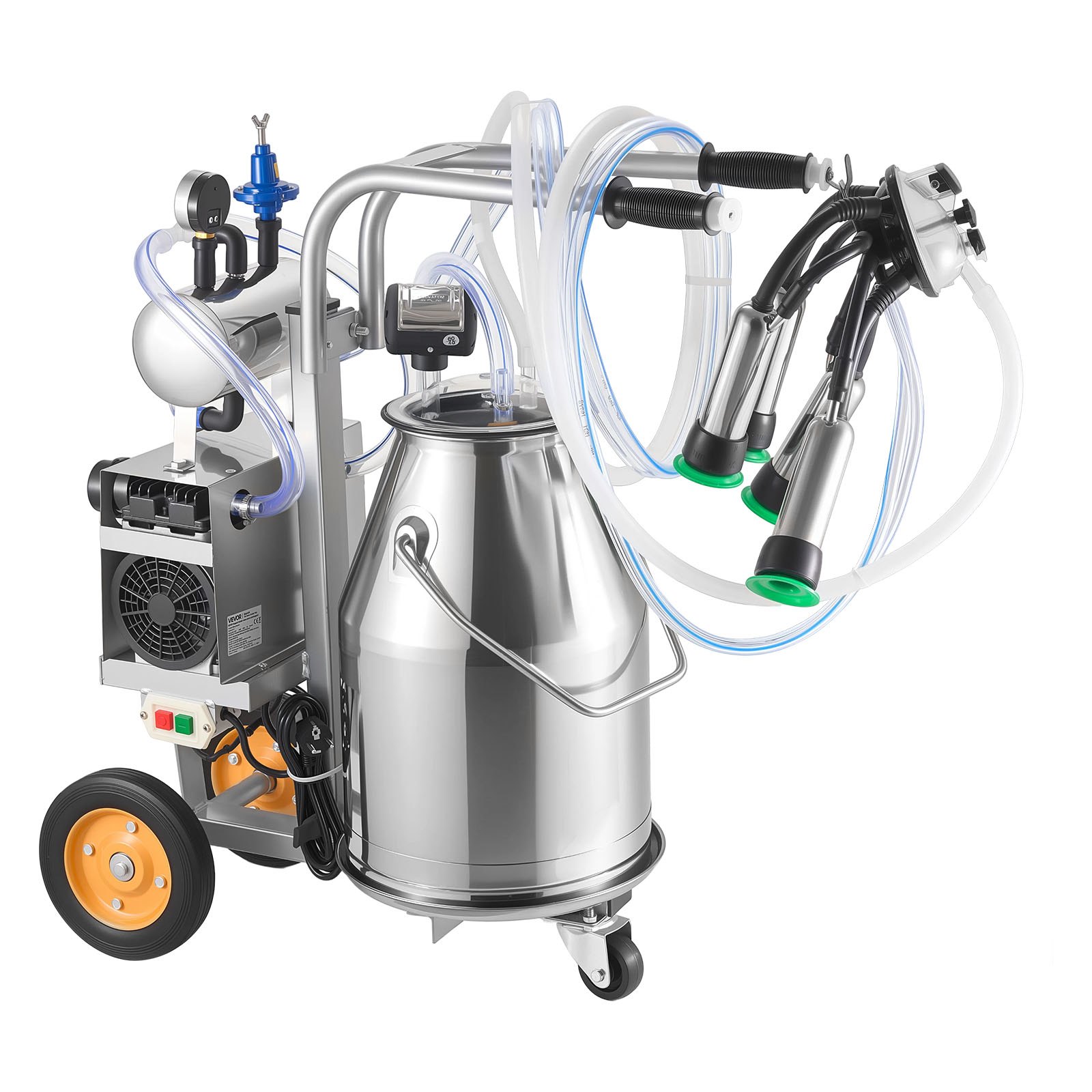 VEVOR Ordeñadora Eléctrica para Vacas, Capacidad de 25 L, Máquina de Ordeño Portátil, Botella de Acero Inoxidable, Presión Ajustable, con Ruedas Bomba de Pulsación de Vacío Accesorios de Limpieza