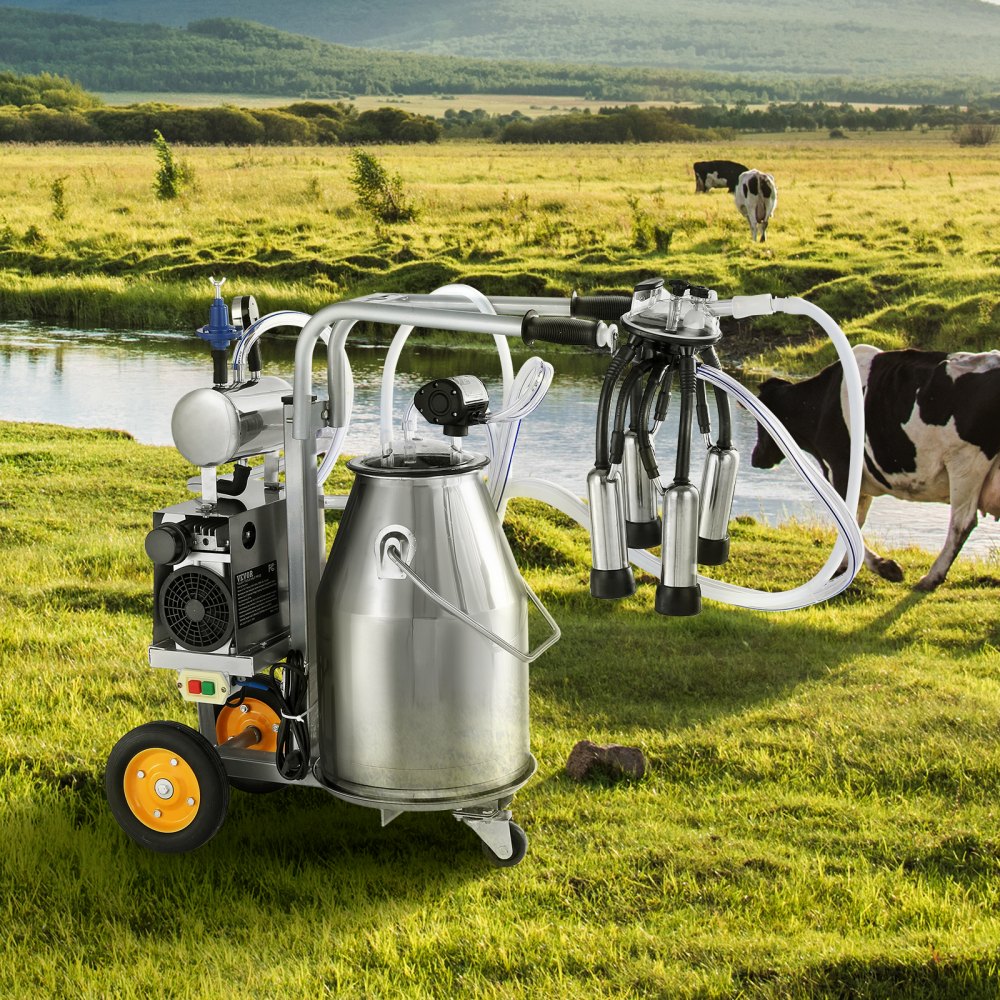 VEVOR Ordeñadora Eléctrica para Vacas Cubo de Acero Inoxidable 25 L Ordeñadora al Vacío con Pulsación Automática Ordeñadora Portátil con Tazas Tubos de Silicona de Grado Alimenticio Presión Ajustable