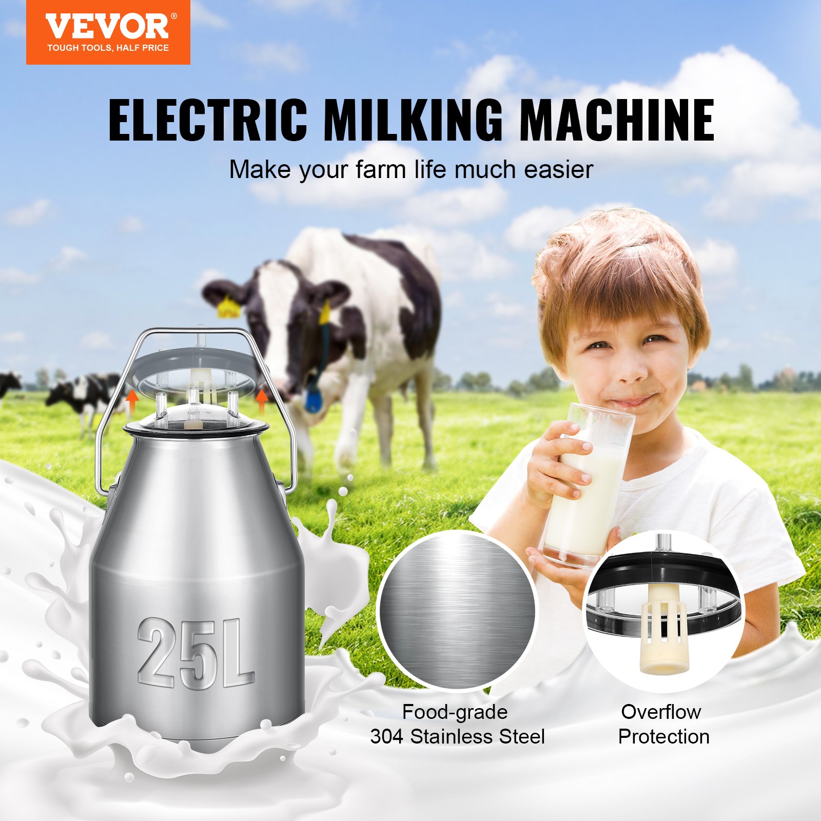 VEVOR Ordeñadora Eléctrica para Vacas Cubo de Acero Inoxidable 25 L Ordeñadora al Vacío con Pulsación Automática Ordeñadora Portátil con Tazas Tubos de Silicona de Grado Alimenticio Presión Ajustable