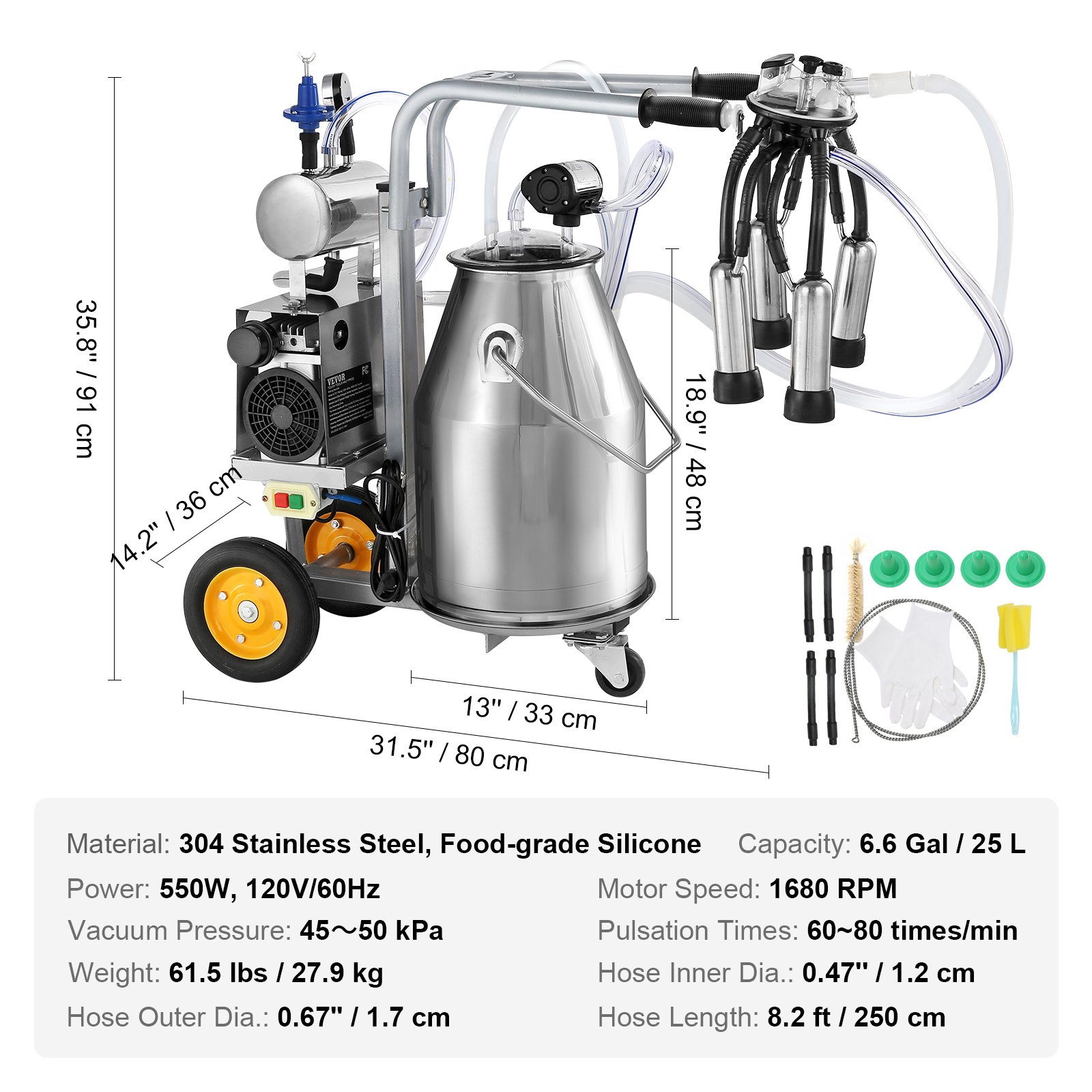 VEVOR Ordeñadora Eléctrica para Vacas Cubo de Acero Inoxidable 25 L Ordeñadora al Vacío con Pulsación Automática Ordeñadora Portátil con Tazas Tubos de Silicona de Grado Alimenticio Presión Ajustable
