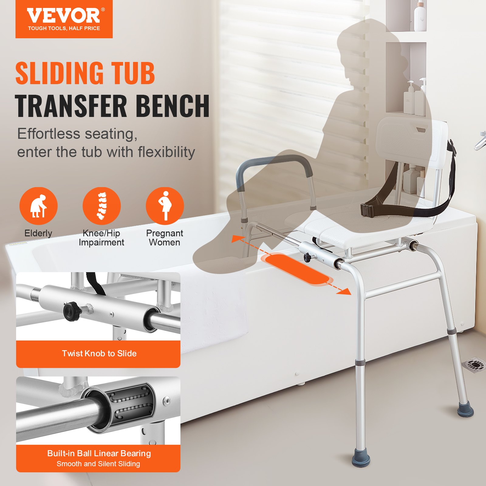 VEVOR Banco de Transferencia Deslizante para Bañera, Altura Ajustable con Asiento Recortado, Respaldo Reversible y Cinturón de Seguridad, para Personas Mayores Discapacitadas, 1050 x 565 x 1020 mm