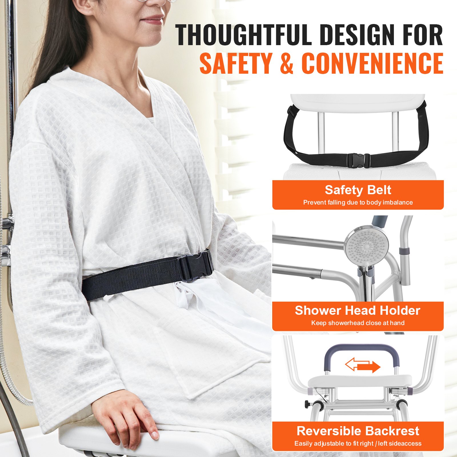 VEVOR Banco de Transferencia Deslizante para Bañera, Altura Ajustable con Asiento Recortado, Respaldo Reversible y Cinturón de Seguridad, para Personas Mayores Discapacitadas, 1050 x 565 x 1020 mm