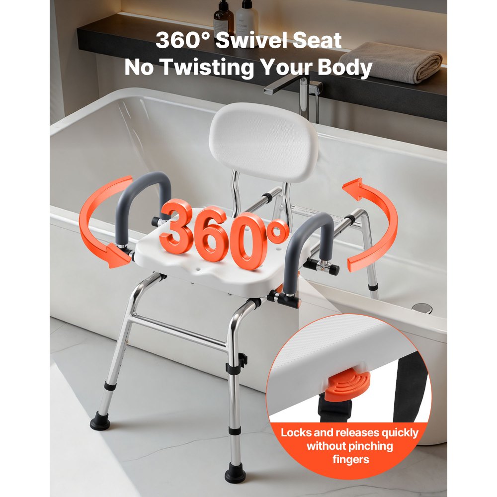 VEVOR Asiento de Bañera Deslizante Carga de 180 kg, Silla de Ducha con Asiento Giratorio, Banco de Transferencia de Bañera con Brazos y Respaldo, Altura y Ancho Ajustables, para Personas Mayores