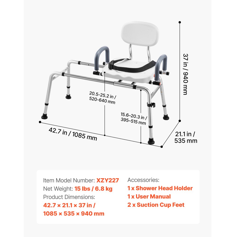 VEVOR Asiento de Bañera Deslizante Carga de 180 kg, Silla de Ducha con Asiento Giratorio, Banco de Transferencia de Bañera con Brazos y Respaldo, Altura y Ancho Ajustables, para Personas Mayores