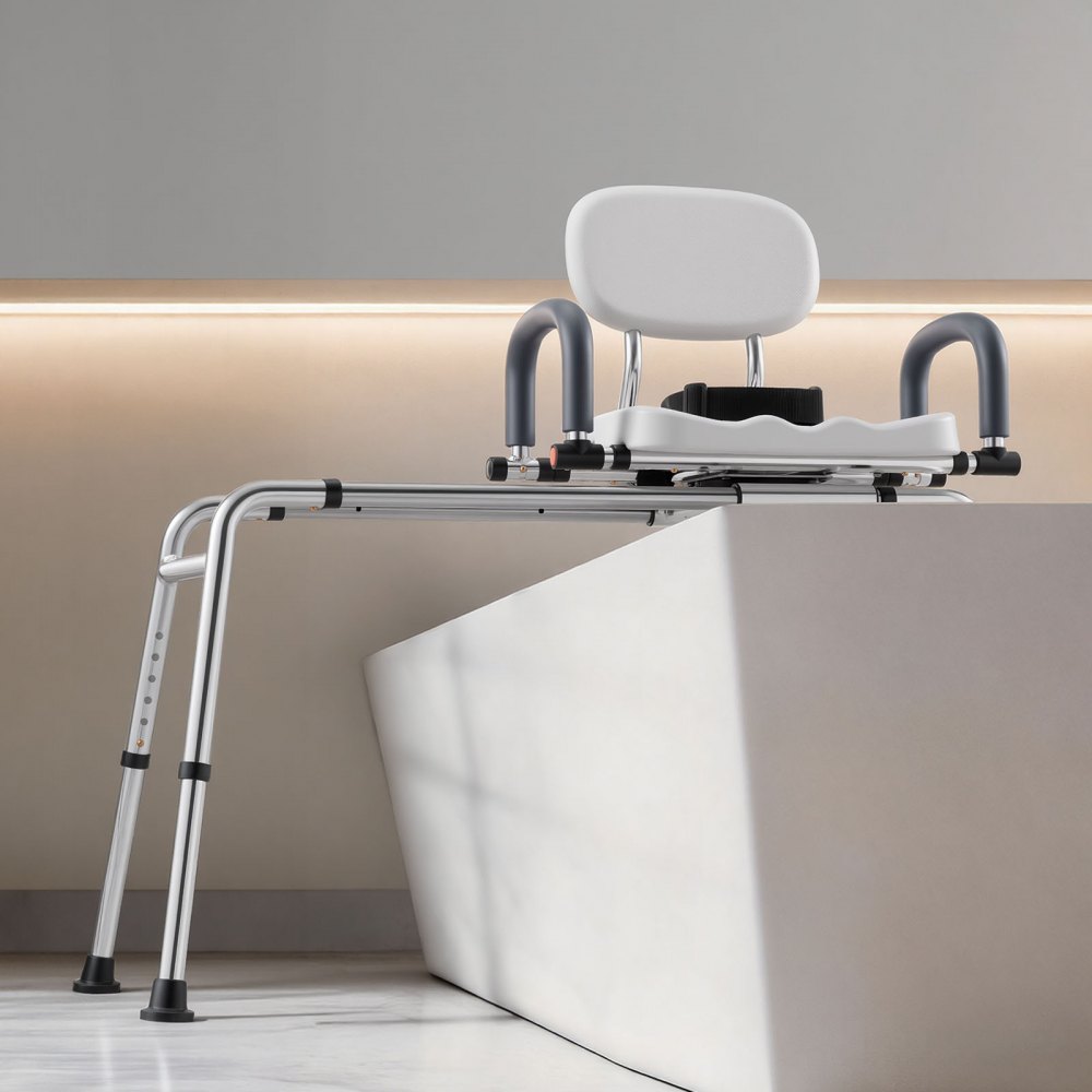 VEVOR Asiento de Bañera Deslizante Carga de 180 kg, Silla de Ducha con Asiento Giratorio, Banco de Transferencia de Bañera con Brazos y Respaldo, Altura y Ancho Ajustables, para Personas Mayores