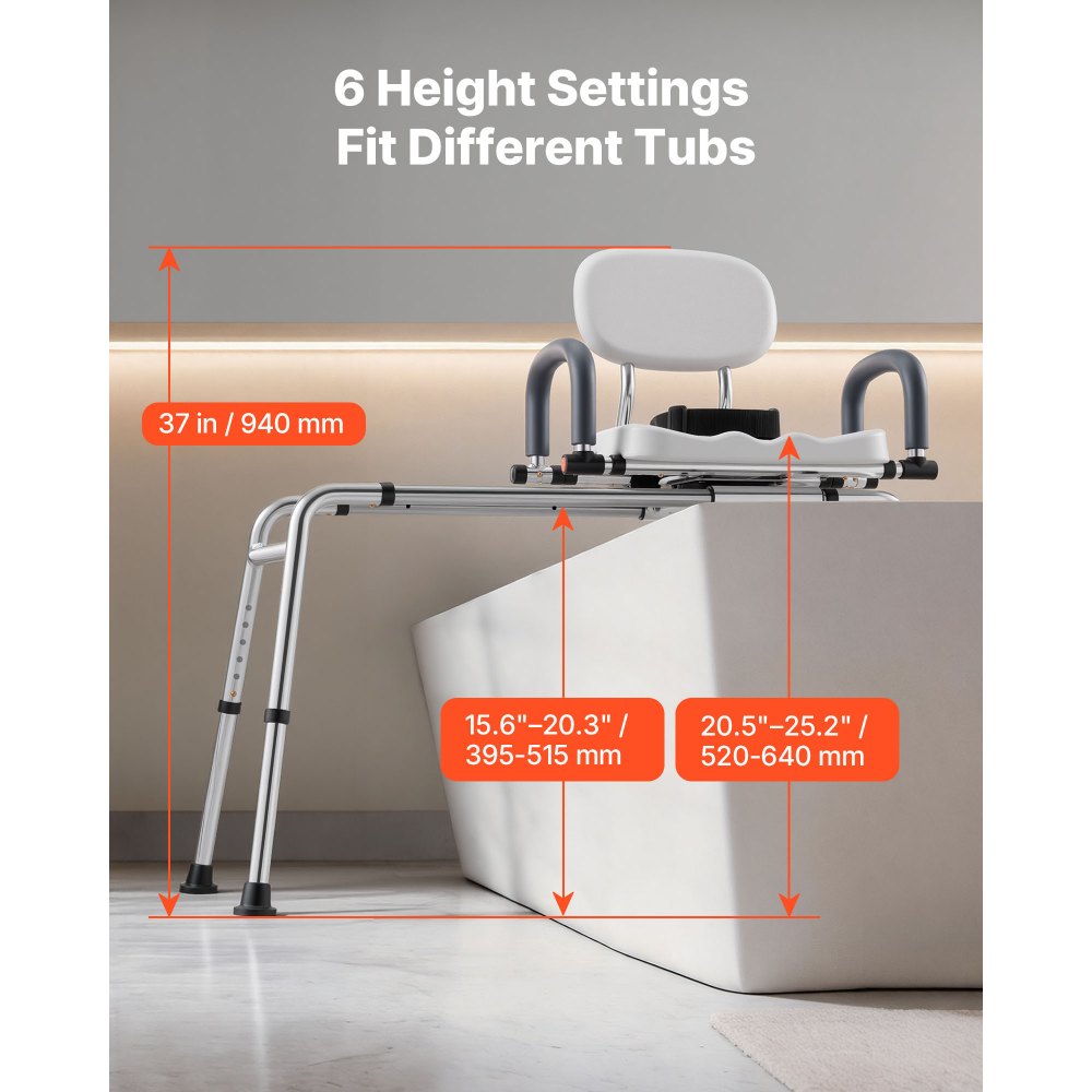VEVOR Asiento de Bañera Deslizante Carga de 180 kg, Silla de Ducha con Asiento Giratorio, Banco de Transferencia de Bañera con Brazos y Respaldo, Altura y Ancho Ajustables, para Personas Mayores
