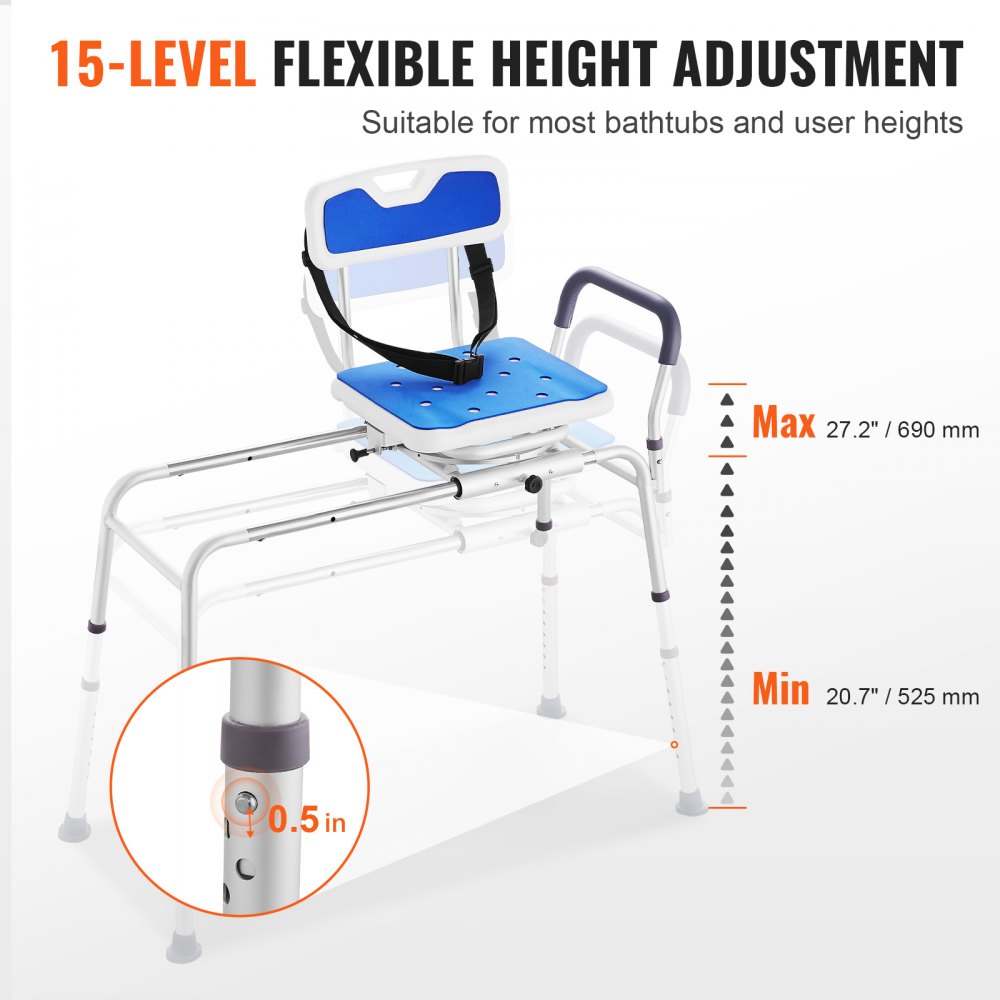 VEVOR Bathtub Transfer Bench with Sliding Function and 360-Degree Swivel Seat, Height-Adjustable Bathtub Transfer Bench with Armrest and Safety Belt