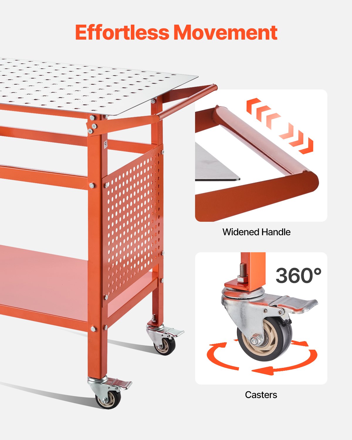 VEVOR Mesa de Soldadura con Capacidad Peso Estático de 362,8 kg, Banco de Trabajo de Acero Móvil con 4 Ruedas(2 con Freno), Tablero de Almacenamiento de Doble Capa y Orificios, 1016 x 609,6 x 914,4 mm