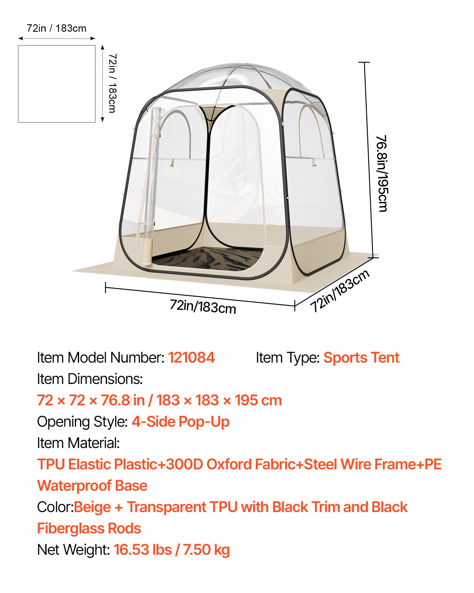 VEVOR Tienda de Campaña Deportiva Emergente, 183 x 183 x 195 cm, Carpa Deportiva Impermeable Transparente con Tapete y Cubierta Superior para 2-4 personas para Jardín, Camping, Pesca y Animaciones