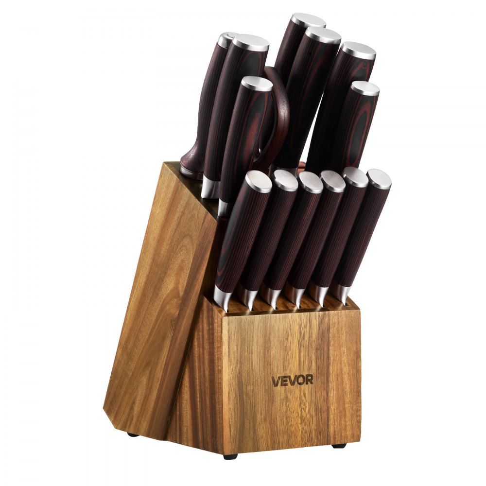 VEVOR Juego de Cuchillos de Acero Inoxidable de Alto Carbono, con Bloque de Madera y Afilador, 15 Piezas, con Mango Ergonómico, para el Hogar, Diseño con Bordes Redondeados, 131 x 195 x 345 mm