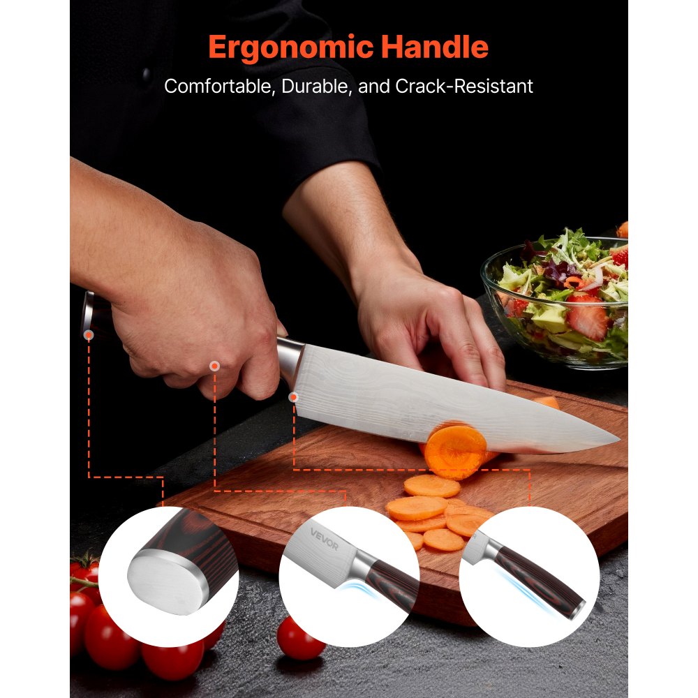 VEVOR Juego de Cuchillos de Acero Inoxidable de Alto Carbono, con Bloque de Madera y Afilador, 15 Piezas, con Mango Ergonómico, para el Hogar, Diseño con Bordes Redondeados, 131 x 195 x 345 mm