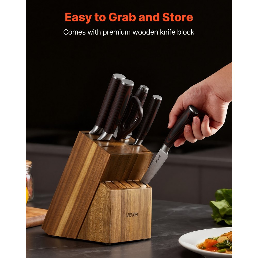 VEVOR Juego de Cuchillos de Acero Inoxidable de Alto Carbono, con Bloque de Madera y Afilador, 15 Piezas, con Mango Ergonómico, para el Hogar, Diseño con Bordes Redondeados, 131 x 195 x 345 mm