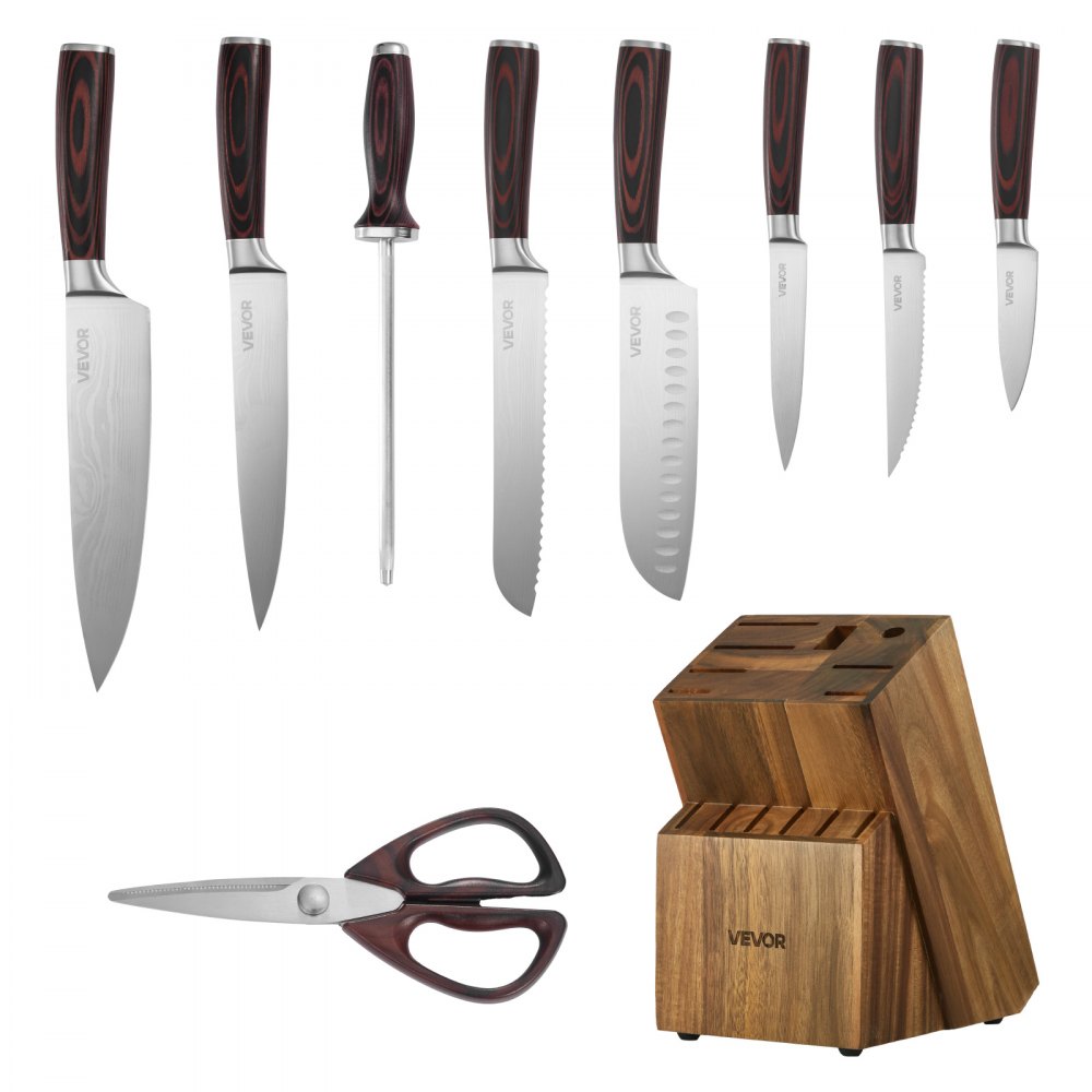VEVOR Juego de Cuchillos de Acero Inoxidable de Alto Carbono, con Bloque de Madera y Afilador, 15 Piezas, con Mango Ergonómico, para el Hogar, Diseño con Bordes Redondeados, 131 x 195 x 345 mm