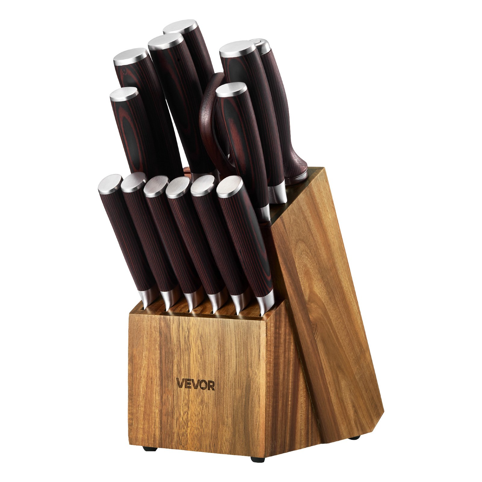 VEVOR Juego de Cuchillos de Acero Inoxidable de Alto Carbono, con Bloque de Madera y Afilador, 15 Piezas, con Mango Ergonómico, para el Hogar, Diseño con Bordes Redondeados, 131 x 195 x 345 mm