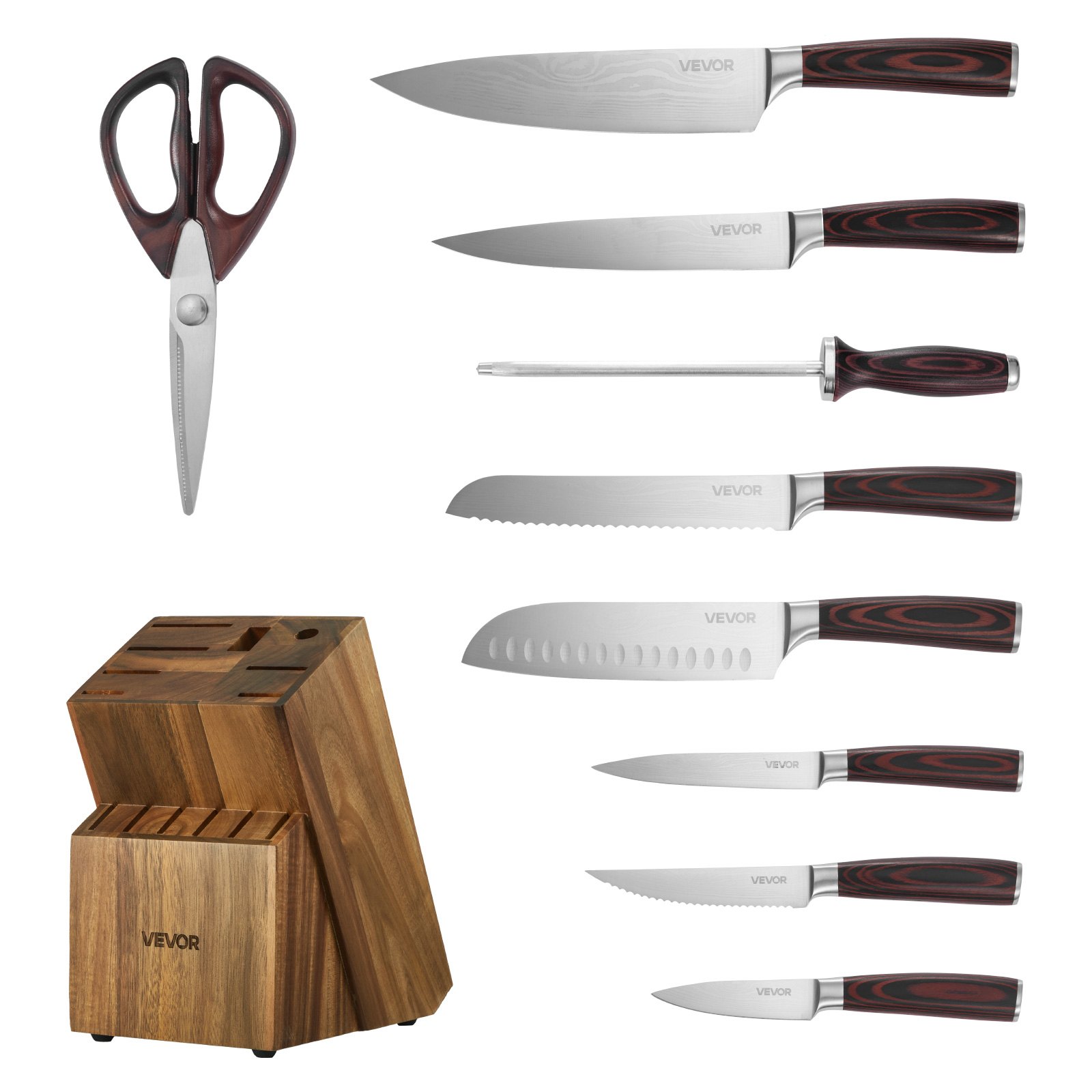 VEVOR Juego de Cuchillos de Acero Inoxidable de Alto Carbono, con Bloque de Madera y Afilador, 15 Piezas, con Mango Ergonómico, para el Hogar, Diseño con Bordes Redondeados, 131 x 195 x 345 mm