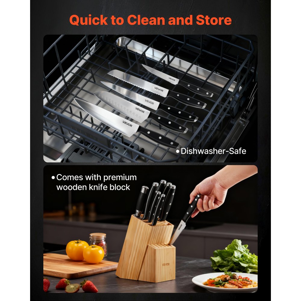 VEVOR Juego de Cuchillos de Acero Inoxidable de Alto Carbono, con Bloque de Madera y Afilador, con Mangos Ergonómicos y Tijeras de Cocina para Cocineros Caseros, 180 x 107 x 330 mm, 15 Piezas