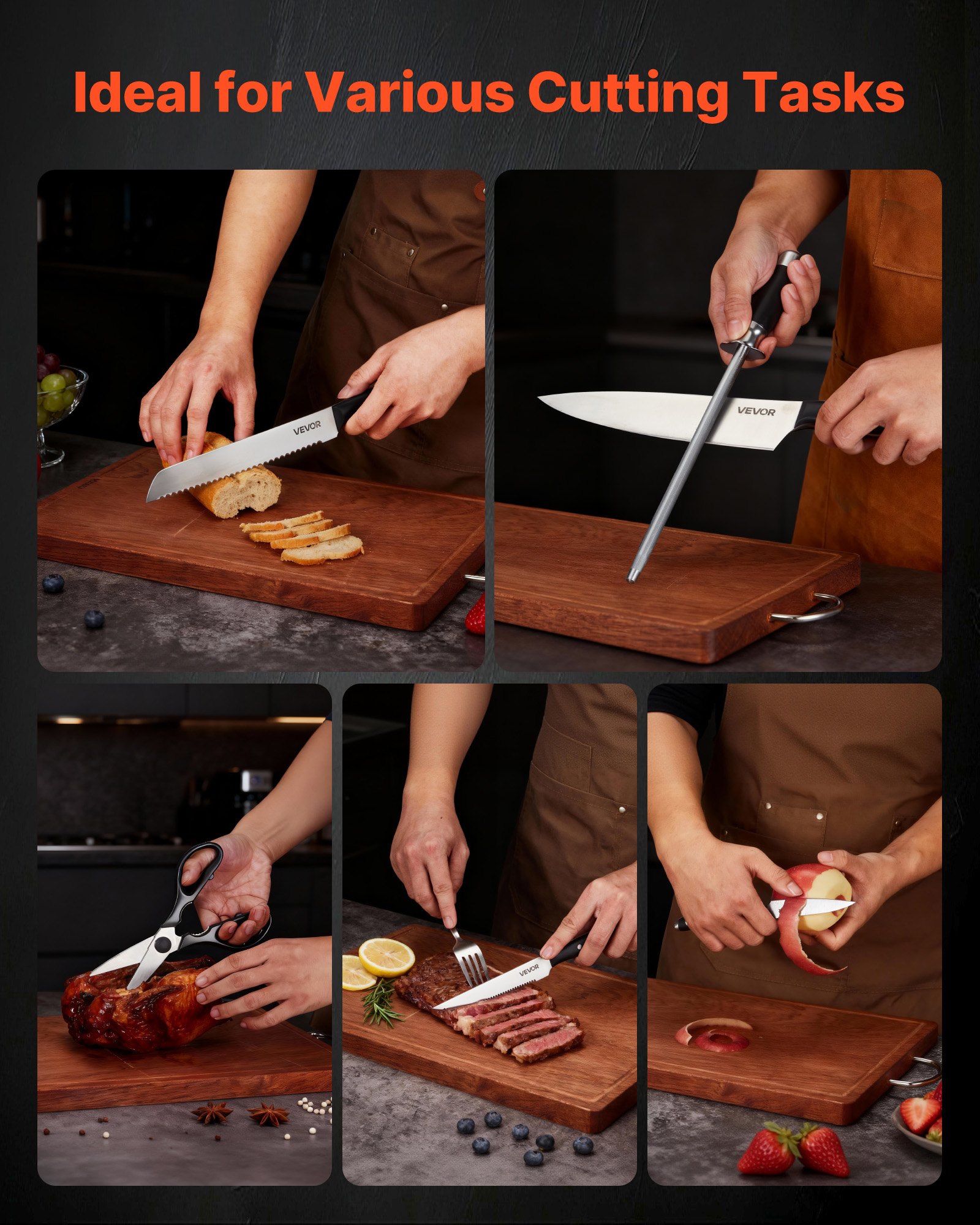 VEVOR Juego de Cuchillos de Acero Inoxidable de Alto Carbono, con Bloque de Madera y Afilador, con Mangos Ergonómicos y Tijeras de Cocina para Cocineros Caseros, 180 x 107 x 330 mm, 15 Piezas