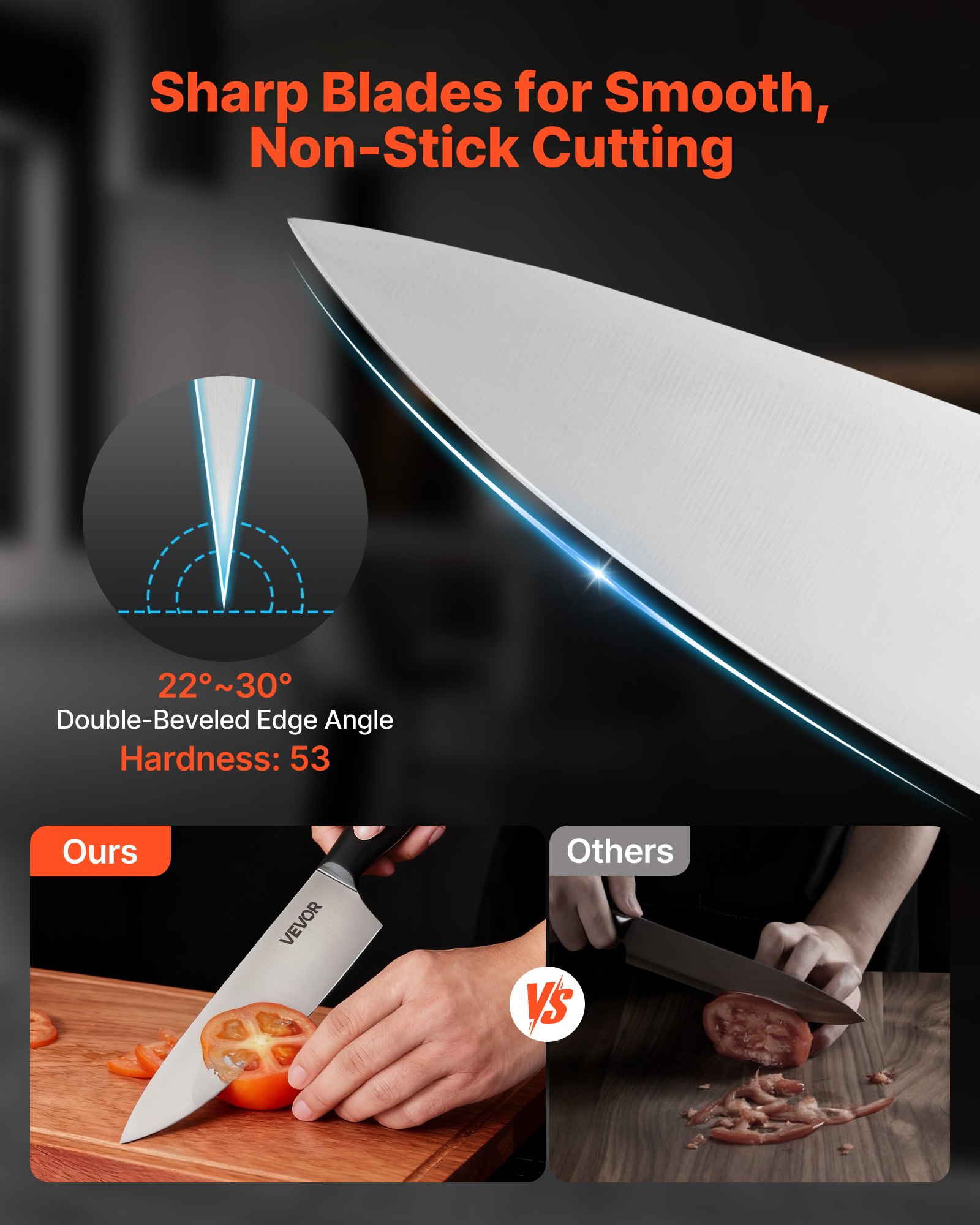 VEVOR Juego de Cuchillos de Acero Inoxidable de Alto Carbono, con Bloque de Madera y Afilador, con Mangos Ergonómicos y Tijeras de Cocina para Cocineros Caseros, 180 x 107 x 330 mm, 15 Piezas