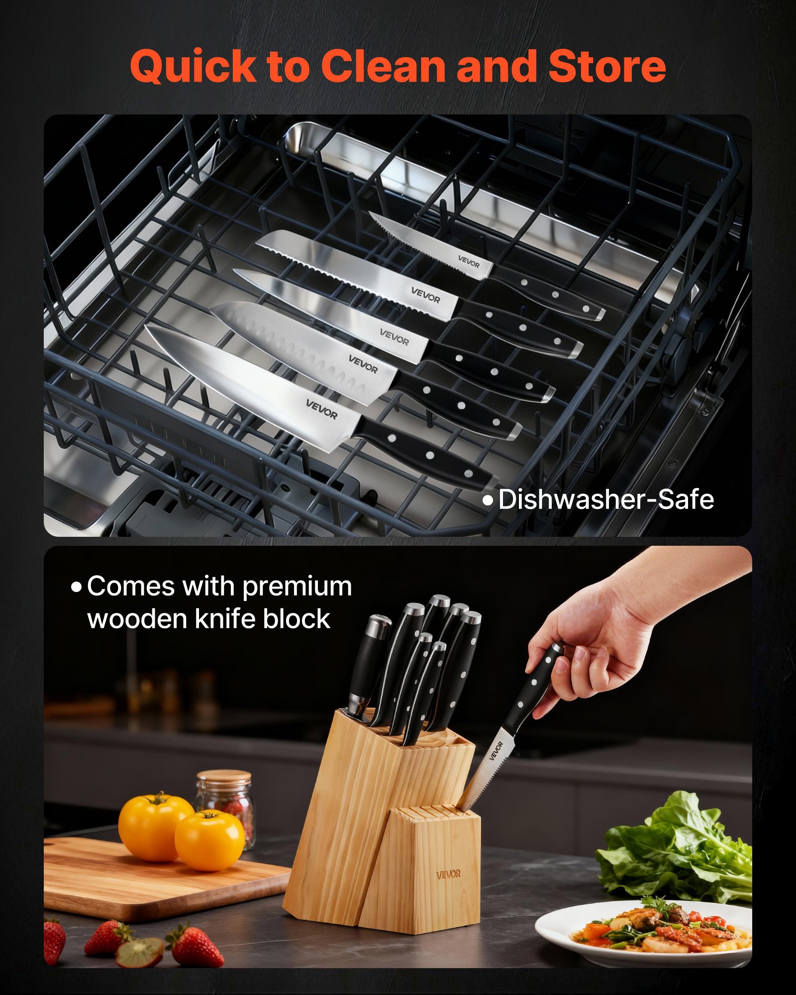 VEVOR Juego de Cuchillos de Acero Inoxidable de Alto Carbono, con Bloque de Madera y Afilador, con Mangos Ergonómicos y Tijeras de Cocina para Cocineros Caseros, 180 x 107 x 330 mm, 15 Piezas