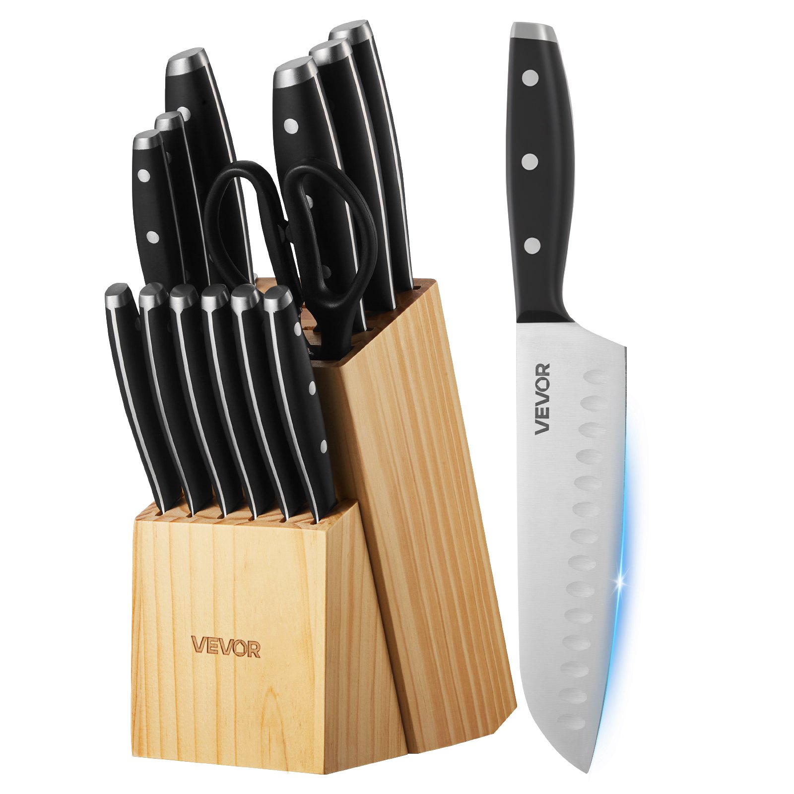 VEVOR Juego de Cuchillos de Acero Inoxidable de Alto Carbono, con Bloque de Madera y Afilador, con Mangos Ergonómicos y Tijeras de Cocina para Cocineros Caseros, 180 x 107 x 330 mm, 15 Piezas
