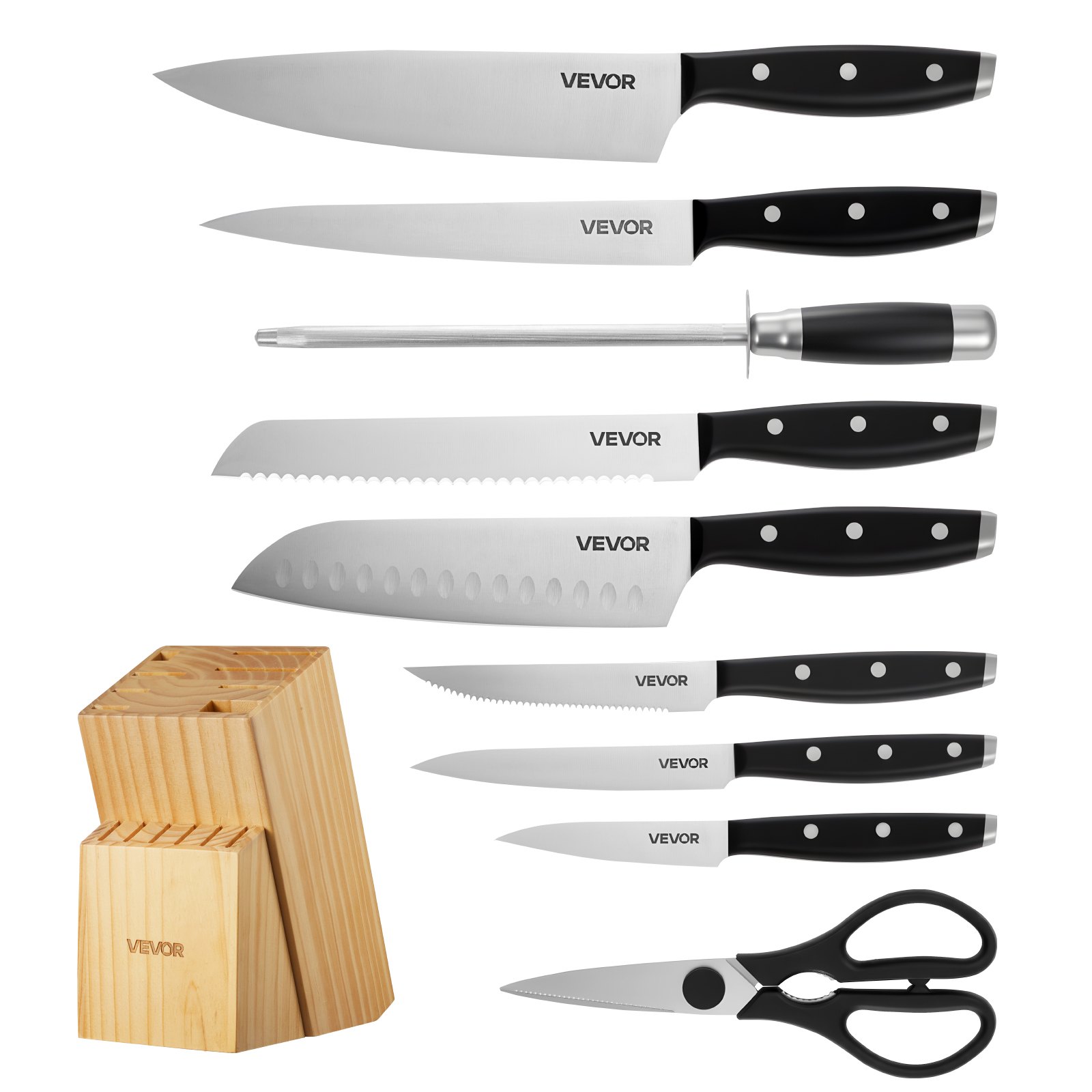 VEVOR Juego de Cuchillos de Acero Inoxidable de Alto Carbono, con Bloque de Madera y Afilador, con Mangos Ergonómicos y Tijeras de Cocina para Cocineros Caseros, 180 x 107 x 330 mm, 15 Piezas