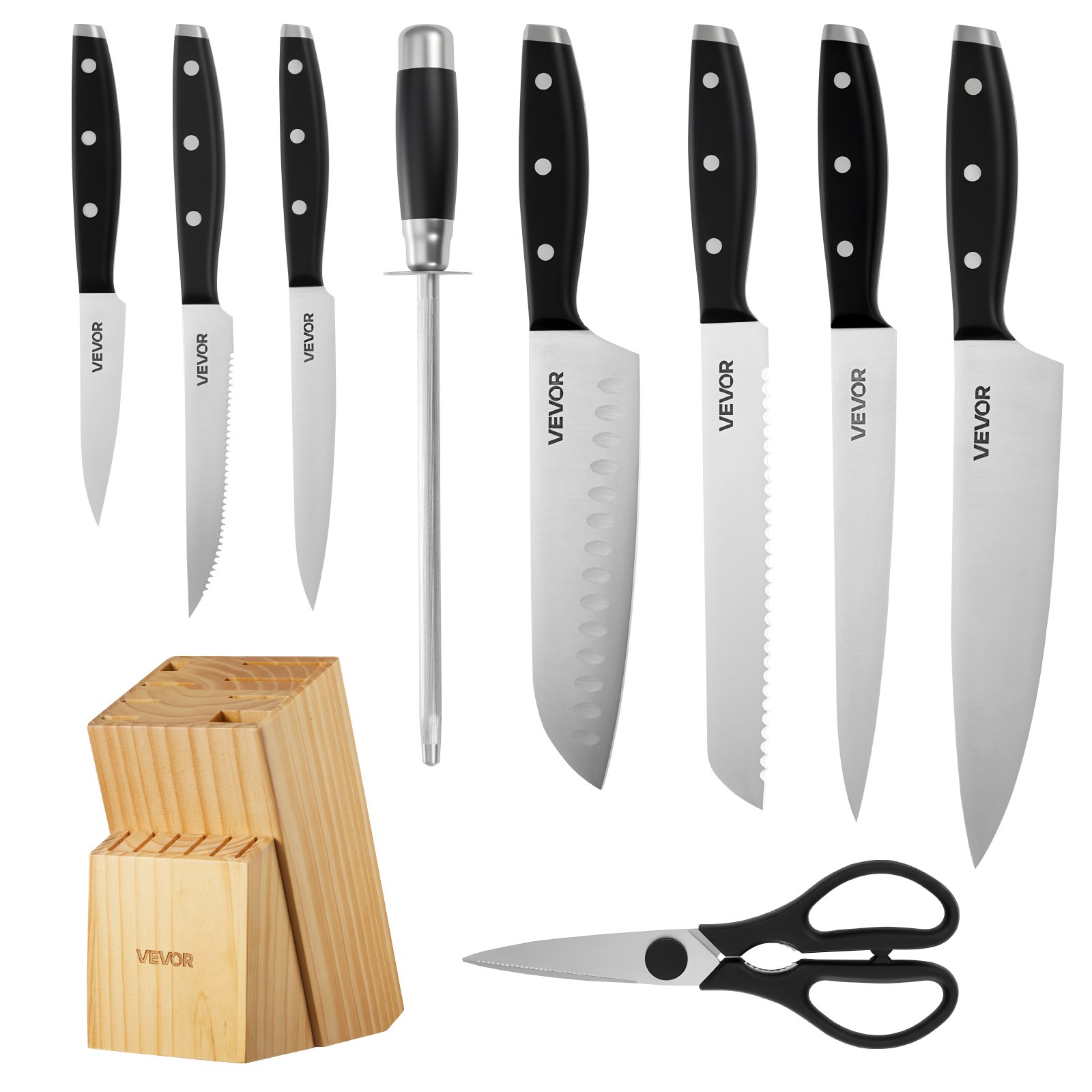 VEVOR Juego de Cuchillos de Acero Inoxidable de Alto Carbono, con Bloque de Madera y Afilador, con Mangos Ergonómicos y Tijeras de Cocina para Cocineros Caseros, 180 x 107 x 330 mm, 15 Piezas