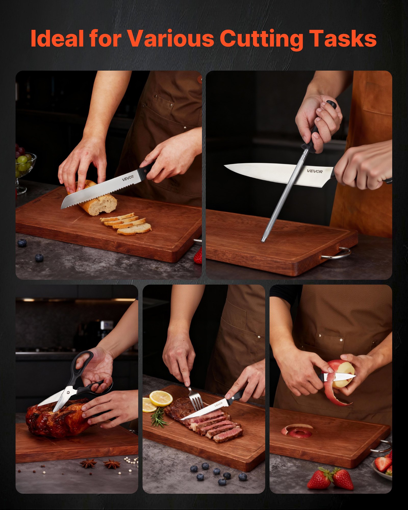 VEVOR Kitchen Knife Set with Block and Sharpener, 15 Piece German High Carbon Stainless Steel Knife Set, Kitchen Cutlery with ABS Ergonomic Handle, Sharpening Rod and Wooden Block, for Home Cooks