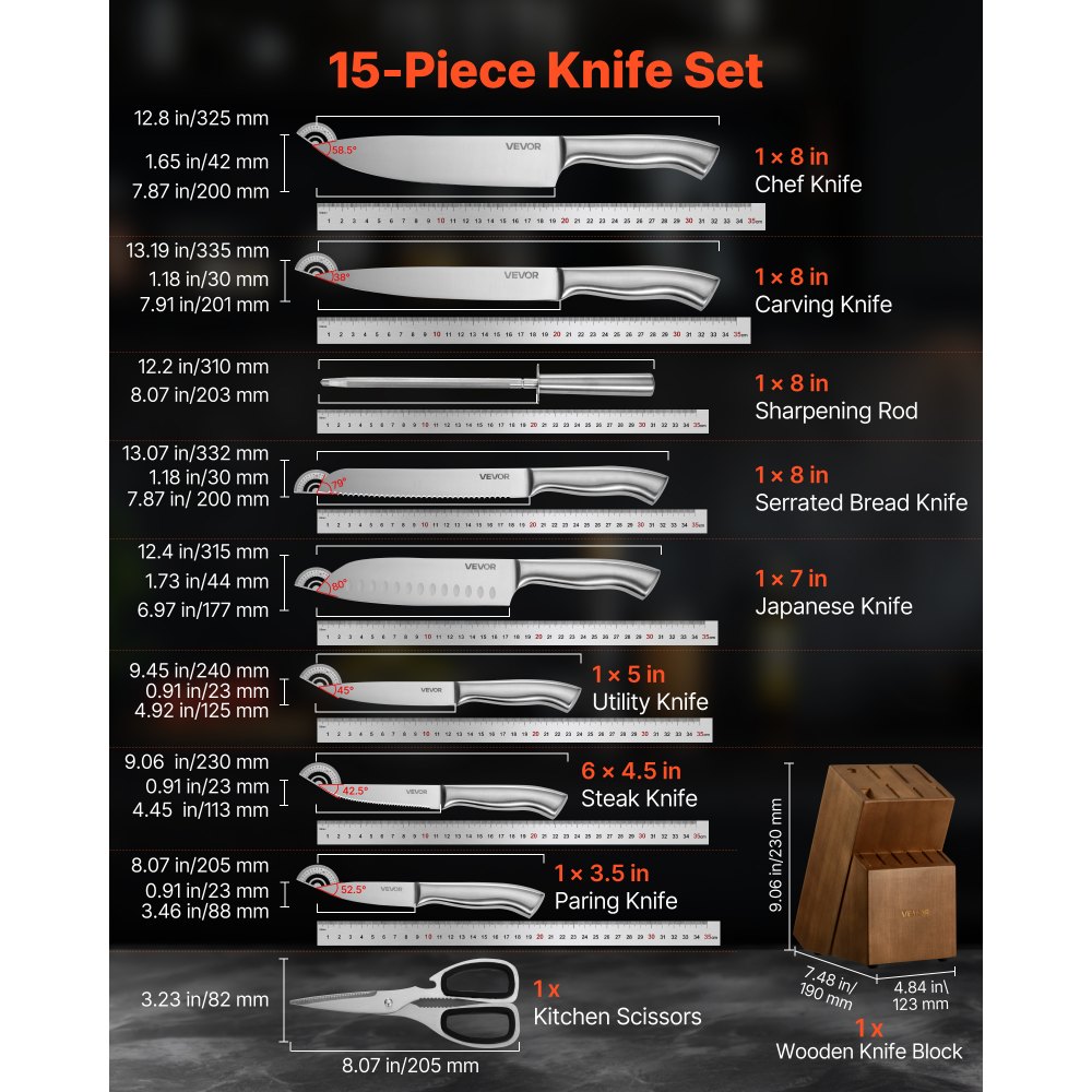 VEVOR Juego de Cuchillos de Cocina, con Bloque de Madera y Afilador, con Cuchillos Afilados de Acero Inoxidable de Alto Carbono, con Mango Ergonómico, 15 Piezas, 123 x 190 x 345 mm, Color Plata