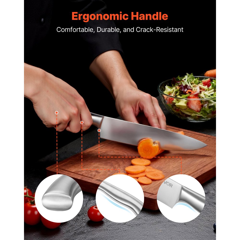 VEVOR Juego de Cuchillos de Cocina, con Bloque de Madera y Afilador, con Cuchillos Afilados de Acero Inoxidable de Alto Carbono, con Mango Ergonómico, 15 Piezas, 123 x 190 x 345 mm, Color Plata