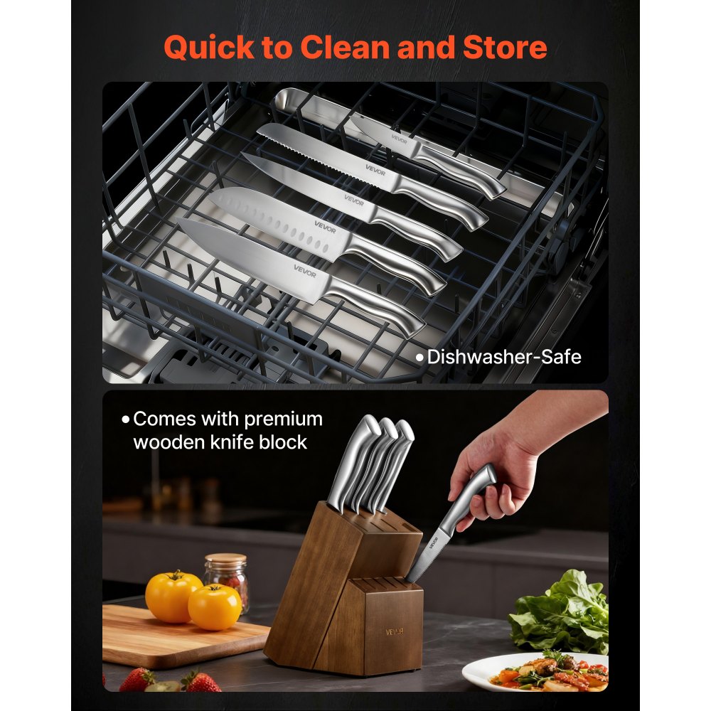 VEVOR Juego de Cuchillos de Cocina, con Bloque de Madera y Afilador, con Cuchillos Afilados de Acero Inoxidable de Alto Carbono, con Mango Ergonómico, 15 Piezas, 123 x 190 x 345 mm, Color Plata