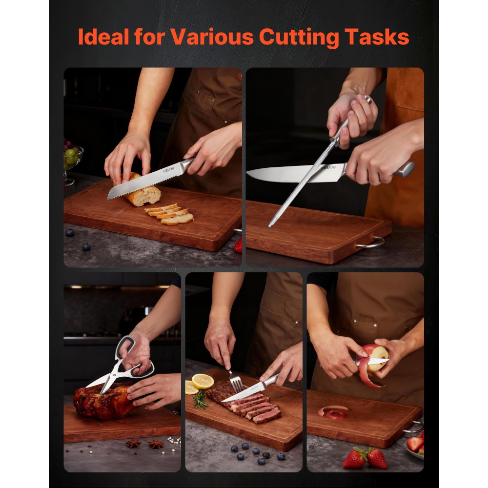 VEVOR Juego de Cuchillos de Cocina, con Bloque de Madera y Afilador, con Cuchillos Afilados de Acero Inoxidable de Alto Carbono, con Mango Ergonómico, 15 Piezas, 123 x 190 x 345 mm, Color Plata