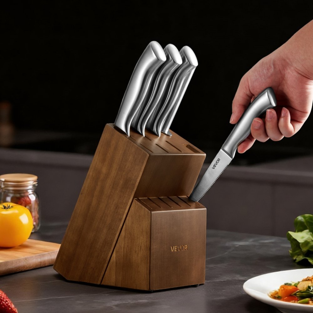 VEVOR Juego de Cuchillos de Cocina, con Bloque de Madera y Afilador, con Cuchillos Afilados de Acero Inoxidable de Alto Carbono, con Mango Ergonómico, 15 Piezas, 123 x 190 x 345 mm, Color Plata